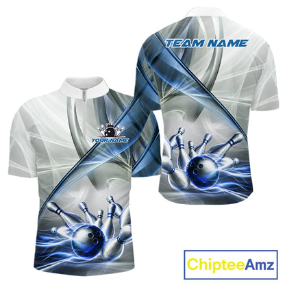 Men's quarter-zip bowling jersey featuring white and blue smoke with bowling ball artwork, moisture-wicking bowling apparel for professional tournaments, league play and custom bowling teams, representing focus, discipline and competitive excellence.