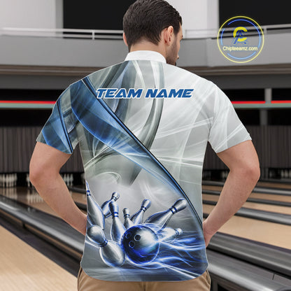 Male bowler wearing white and blue smoke bowling jersey during championship tournament, premium bowling apparel for sports clubs, bowling enthusiasts and competitive athletes, symbolizing consistency, confidence and success.