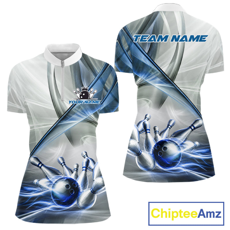 Women's quarter-zip bowling jersey featuring white and blue smoke with bowling ball and pin artwork, premium moisture-wicking performance apparel for bowling tournaments and league uniforms, representing focus, discipline and victory.