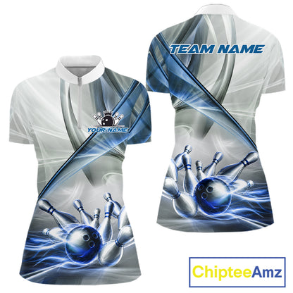 Women's quarter-zip bowling jersey featuring white and blue smoke with bowling ball and pin artwork, premium moisture-wicking performance apparel for bowling tournaments and league uniforms, representing focus, discipline and victory.