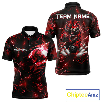 Men's bowling polo featuring fierce red thunder lightning tiger with bowling graphics, personalized performance bowling shirt for tiger lovers, league bowlers, championship tournaments and competitive athletes, symbolizing strength, courage and leadership.