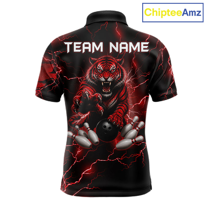Men's bowling polo featuring fierce red thunder lightning tiger with bowling graphics, personalized performance bowling shirt for tiger lovers, league bowlers, championship tournaments and competitive athletes, symbolizing strength, courage and leadership.