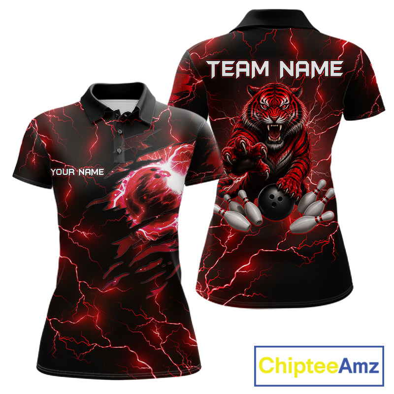 Women's bowling polo featuring fierce red thunder lightning tiger with bowling graphics, personalized bowling apparel for tiger lovers, competitive athletes, league bowlers and tournament champions, symbolizing courage, strength and determination.