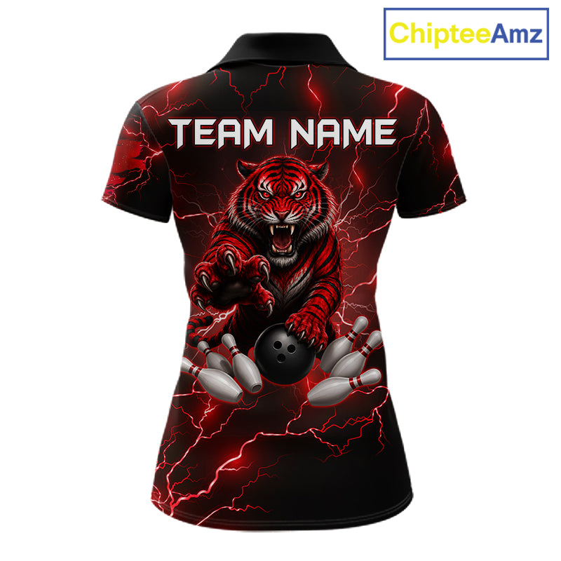 Women's bowling polo featuring fierce red thunder lightning tiger with bowling graphics, personalized bowling apparel for tiger lovers, competitive athletes, league bowlers and tournament champions, symbolizing courage, strength and determination.