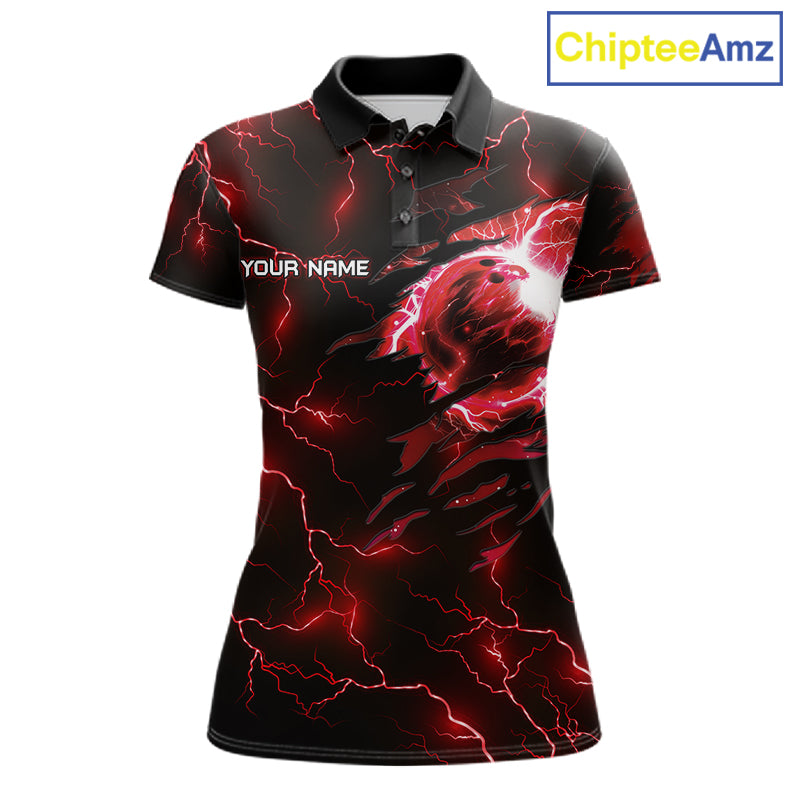 Women's bowling polo featuring fierce red thunder lightning tiger with bowling graphics, personalized bowling apparel for tiger lovers, competitive athletes, league bowlers and tournament champions, symbolizing courage, strength and determination.