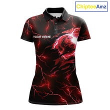 Load image into Gallery viewer, Women's bowling polo featuring fierce red thunder lightning tiger with bowling graphics, personalized bowling apparel for tiger lovers, competitive athletes, league bowlers and tournament champions, symbolizing courage, strength and determination.