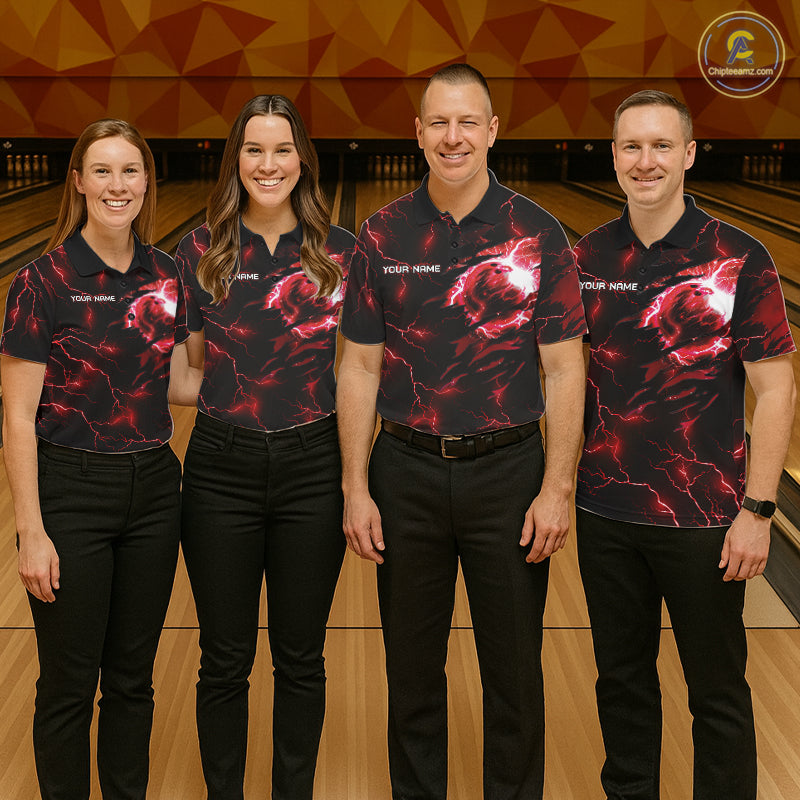 Men women bowling team wearing matching thunder tiger bowling jerseys for USBC tournaments and league championships, representing teamwork, strength, resilience and championship excellence.