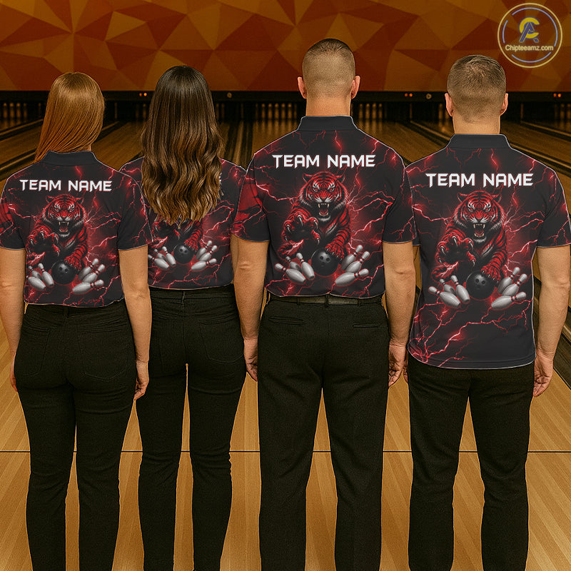 Men women bowling team wearing matching thunder tiger bowling jerseys for USBC tournaments and league championships, representing teamwork, strength, resilience and championship excellence.
