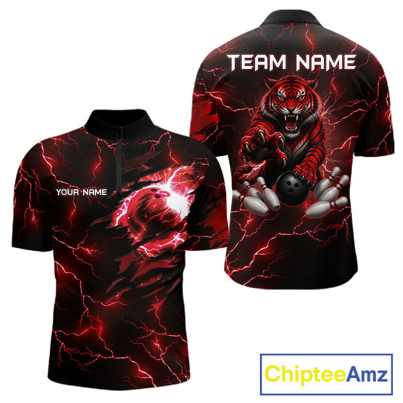 Men's quarter-zip bowling jersey featuring red lightning tiger artwork with bowling elements, custom tournament apparel for USBC championships, bowling clubs and elite team uniforms, representing power, speed and victory.
