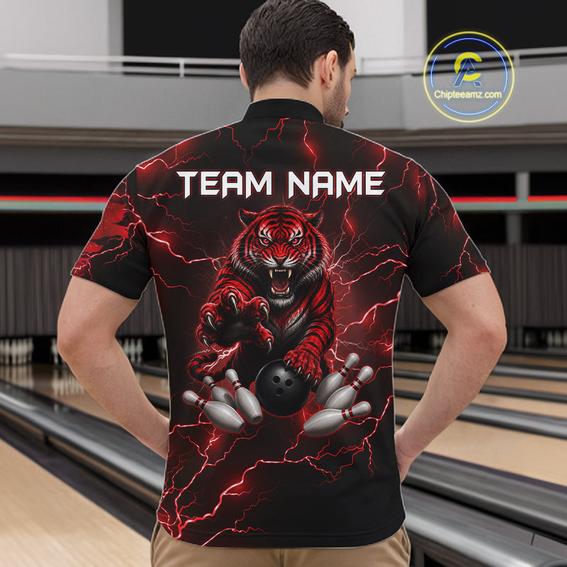 Male bowler wearing thunder tiger bowling jersey during tournament competition, premium bowling apparel for wildlife enthusiasts, sports fans and championship bowlers, symbolizing confidence, determination and fearless performance.