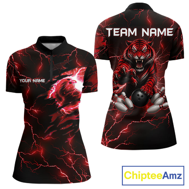 Women's quarter-zip bowling jersey featuring red lightning tiger artwork with bowling elements, custom performance apparel for championship tournaments, bowling clubs and competitive team uniforms, representing power, speed and victory.