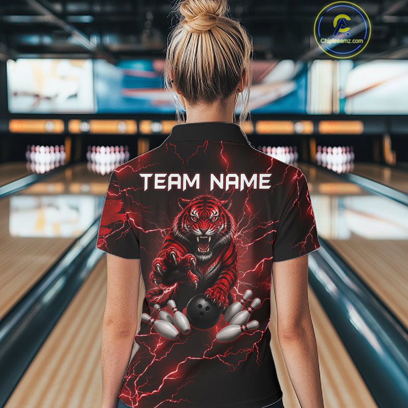 Female bowler wearing red thunder tiger bowling jersey during tournament competition, premium bowling apparel for sports enthusiasts, wildlife fans and league champions, symbolizing leadership, confidence and fearless performance.