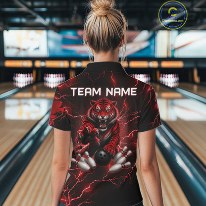 Female bowler wearing red thunder tiger bowling jersey during tournament competition, premium bowling apparel for sports enthusiasts, wildlife fans and league champions, symbolizing leadership, confidence and fearless performance.