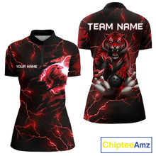 Load image into Gallery viewer, Women's quarter-zip bowling jersey featuring red lightning tiger artwork with bowling elements, custom performance apparel for championship tournaments, bowling clubs and competitive team uniforms, representing power, speed and victory.