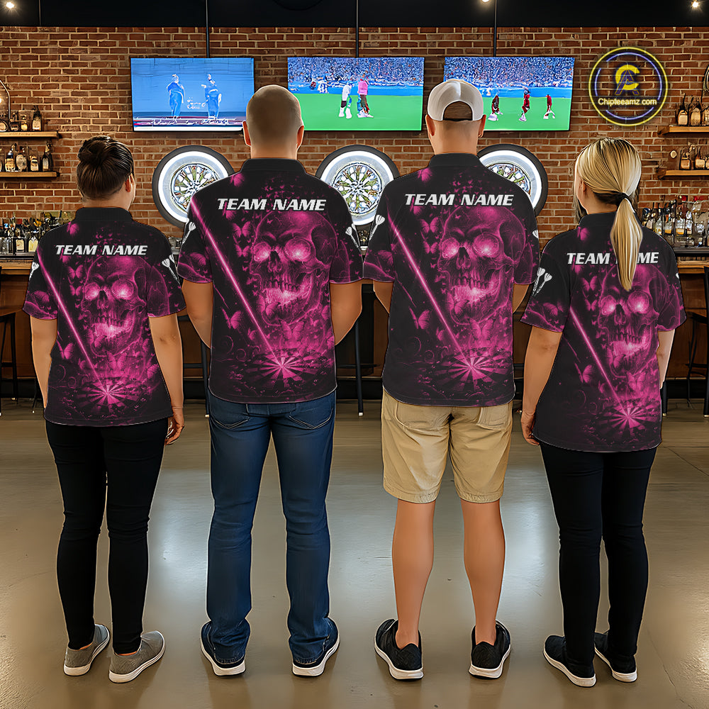 Lightning Pink Butterflies Skull Dartboard Custom Men Darts Polo Shirt Dart Jerseys NYN2355