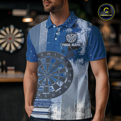 Blue Grey Grunge Dartboard Men Dart Polo & 1/4-Zip Shirt Custom Team Name Dart Jersey For Darters NYN2975