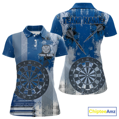 Blue Grey Grunge Dartboard Women Dart Polo & 1/4-Zip Shirt Custom Team Name Dart Jersey For Darters NYN2975