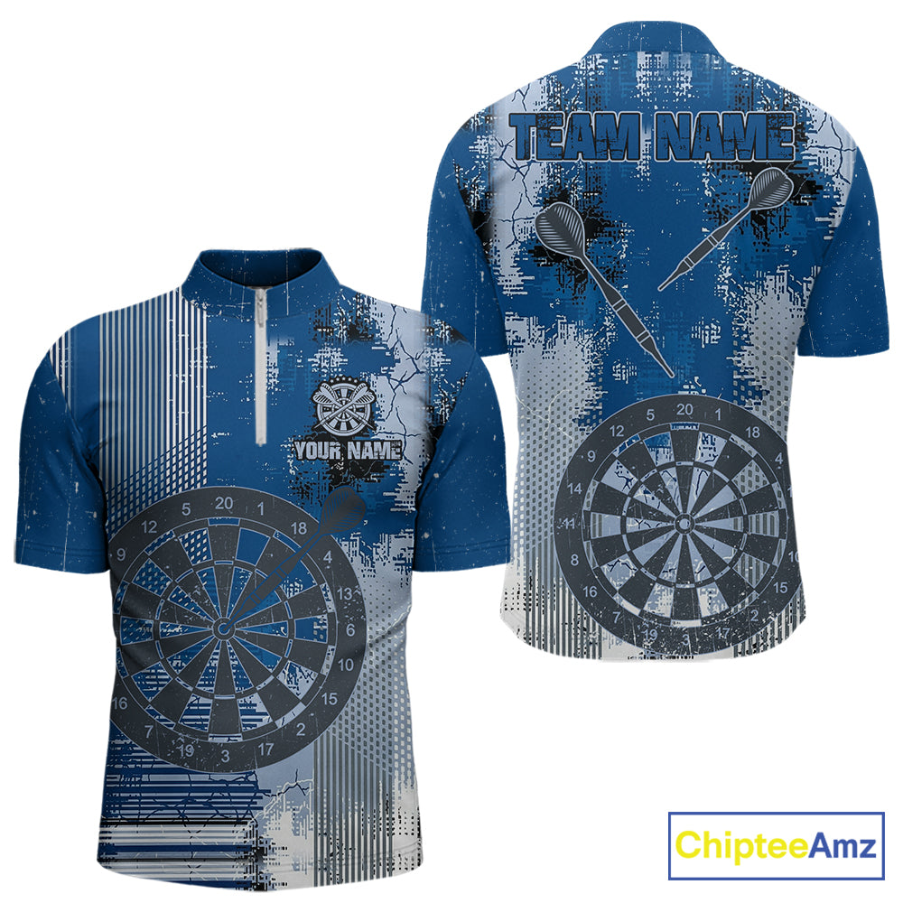 Blue Grey Grunge Dartboard Men Dart Polo & 1/4-Zip Shirt Custom Team Name Dart Jersey For Darters NYN2975