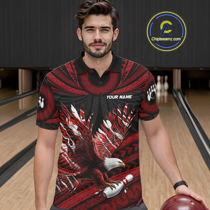 Custom Red Tribal Pattern Polynesian Eagle Bowling Men Polo Quarter-Zip Shirts, Bowling Team Attire NYN3687