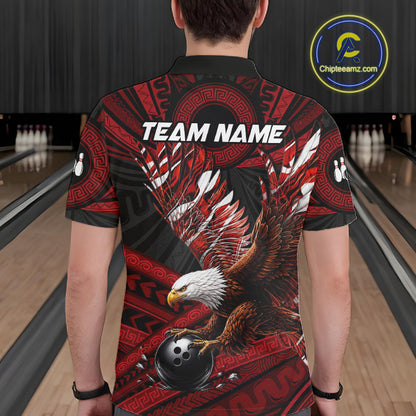 Custom Red Tribal Pattern Polynesian Eagle Bowling Men Polo Quarter-Zip Shirts, Bowling Team Attire NYN3687