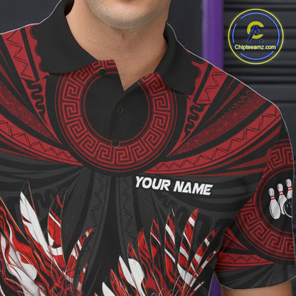 Custom Red Tribal Pattern Polynesian Eagle Bowling Men Polo Quarter-Zip Shirts, Bowling Team Attire NYN3687
