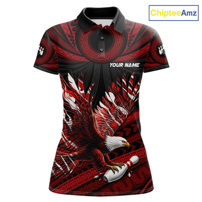 Custom Red Tribal Pattern Polynesian Eagle Bowling Women Polo Quarter-Zip Shirts, Bowling Team Attire NYN3687
