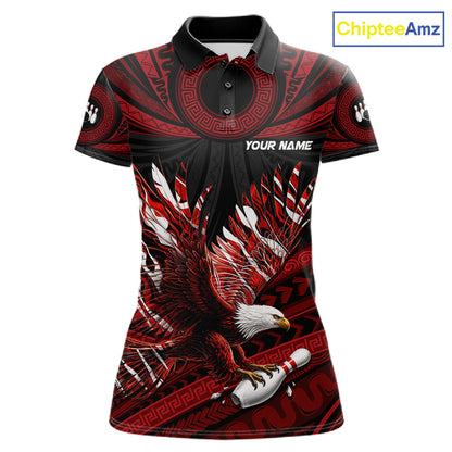 Custom Red Tribal Pattern Polynesian Eagle Bowling Women Polo Quarter-Zip Shirts, Bowling Team Attire NYN3687