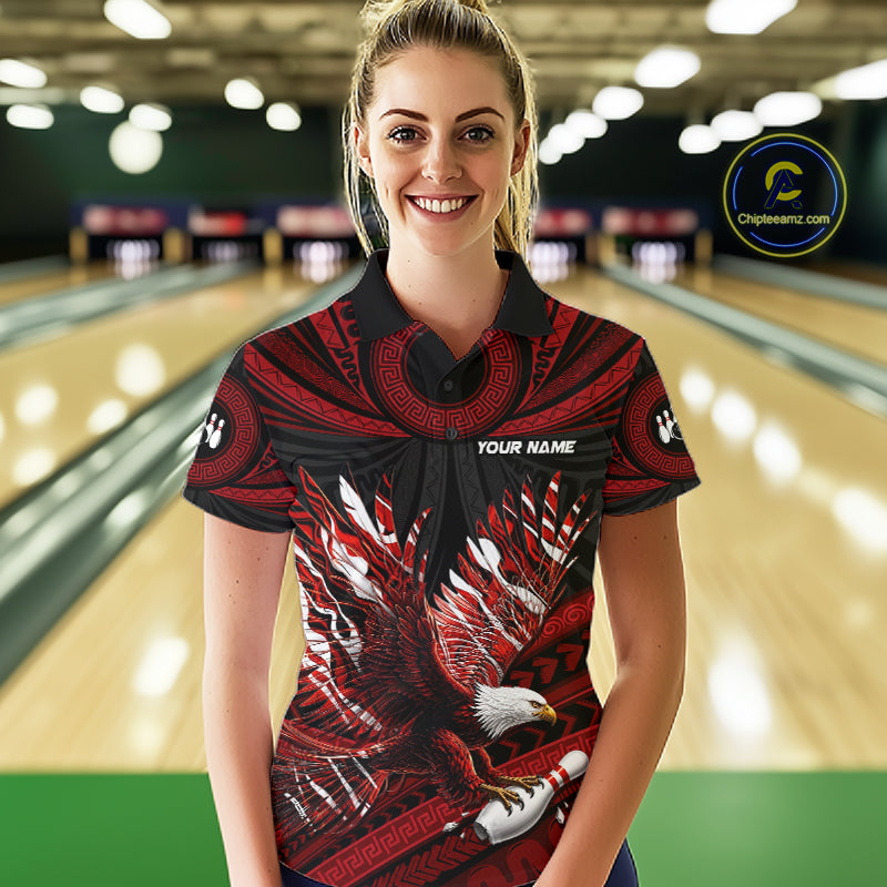Custom Red Tribal Pattern Polynesian Eagle Bowling Women Polo Quarter-Zip Shirts, Bowling Team Attire NYN3687