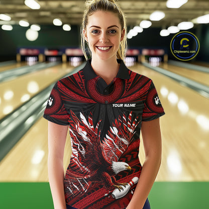 Custom Red Tribal Pattern Polynesian Eagle Bowling Women Polo Quarter-Zip Shirts, Bowling Team Attire NYN3687