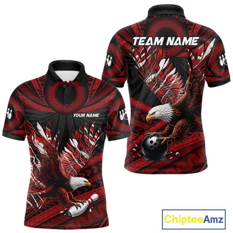 Custom Red Tribal Pattern Polynesian Eagle Bowling Men Polo Quarter-Zip Shirts, Bowling Team Attire NYN3687