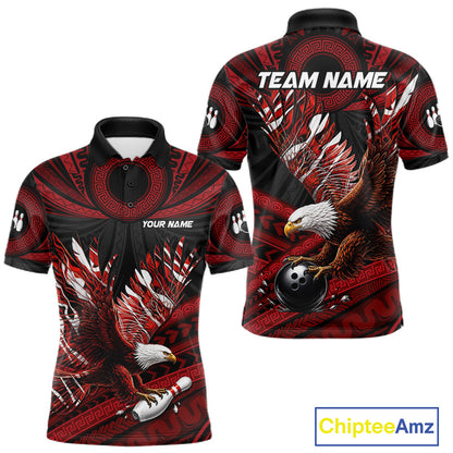 Custom Red Tribal Pattern Polynesian Eagle Bowling Men Polo Quarter-Zip Shirts, Bowling Team Attire NYN3687