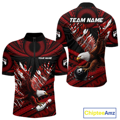 Custom Red Tribal Pattern Polynesian Eagle Bowling Men Polo Quarter-Zip Shirts, Bowling Team Attire NYN3687