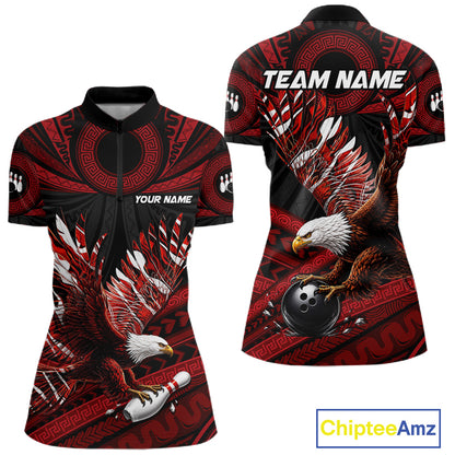 Custom Red Tribal Pattern Polynesian Eagle Bowling Women Polo Quarter-Zip Shirts, Bowling Team Attire NYN3687