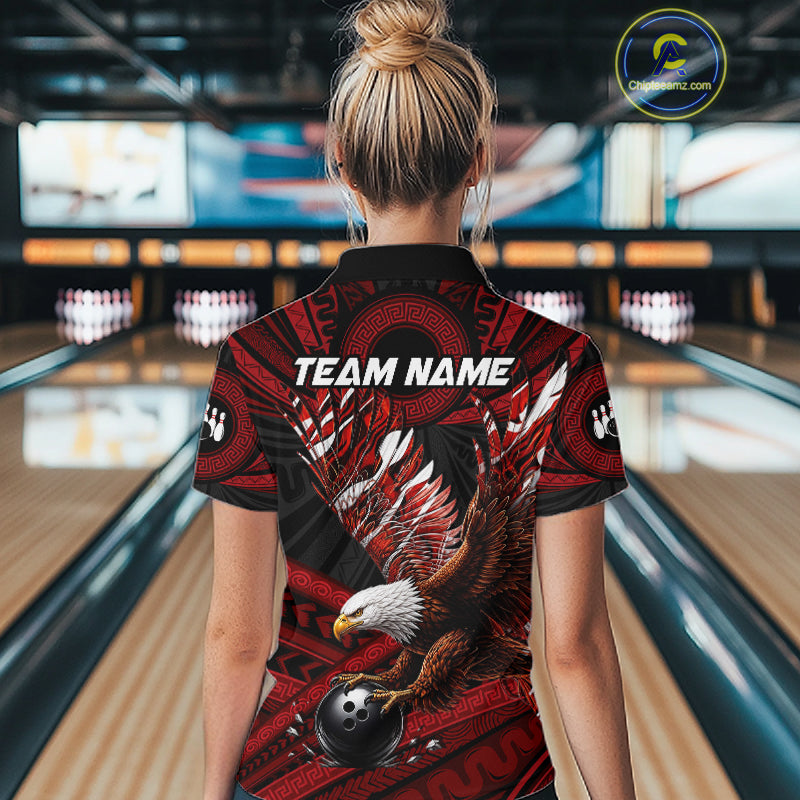 Custom Red Tribal Pattern Polynesian Eagle Bowling Women Polo Quarter-Zip Shirts, Bowling Team Attire NYN3687