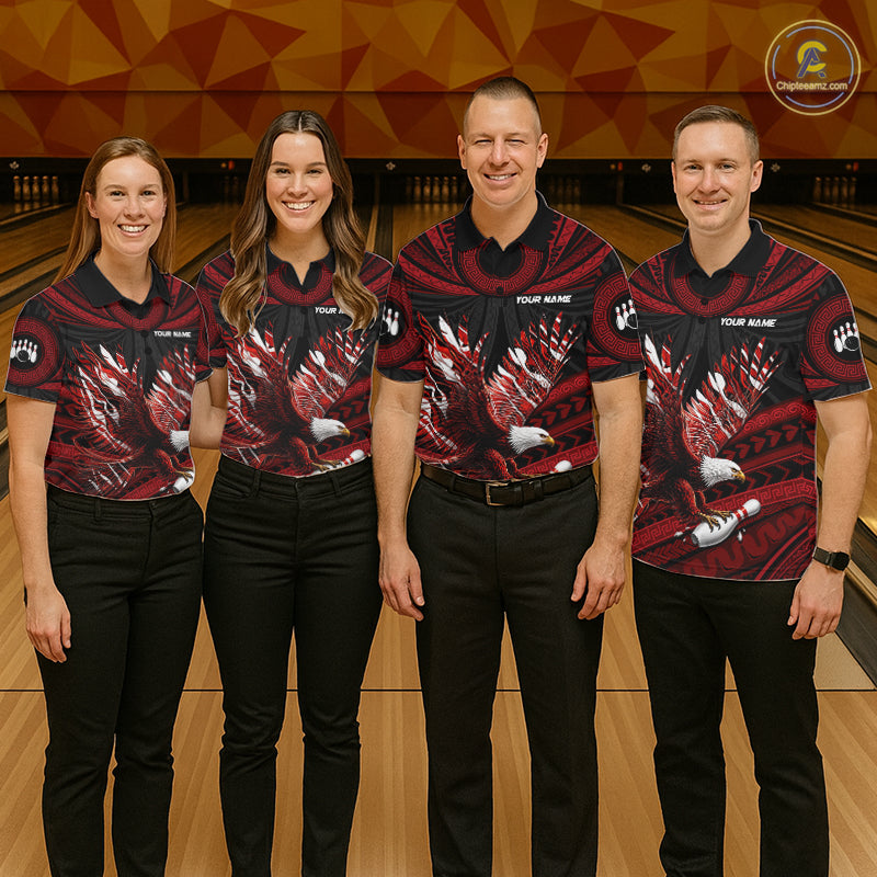 Custom Red Tribal Pattern Polynesian Eagle Bowling Women Polo Quarter-Zip Shirts, Bowling Team Attire NYN3687