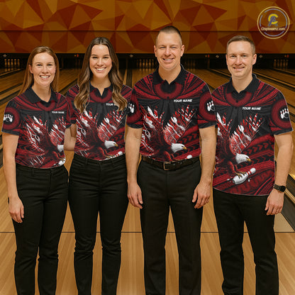Custom Red Tribal Pattern Polynesian Eagle Bowling Women Polo Quarter-Zip Shirts, Bowling Team Attire NYN3687