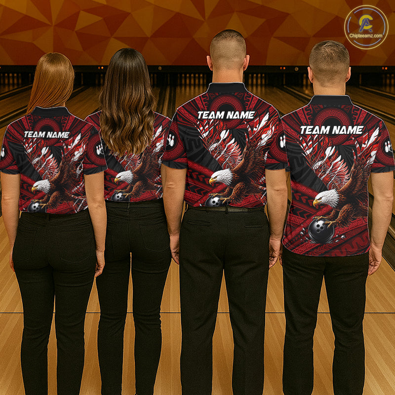 Custom Red Tribal Pattern Polynesian Eagle Bowling Women Polo Quarter-Zip Shirts, Bowling Team Attire NYN3687