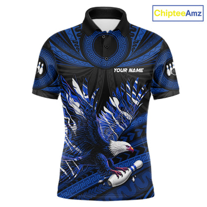 Custom Blue Tribal Pattern Polynesian Eagle Bowling Men Polo Quarter-Zip Shirts, Bowling Team Attire NYN3688