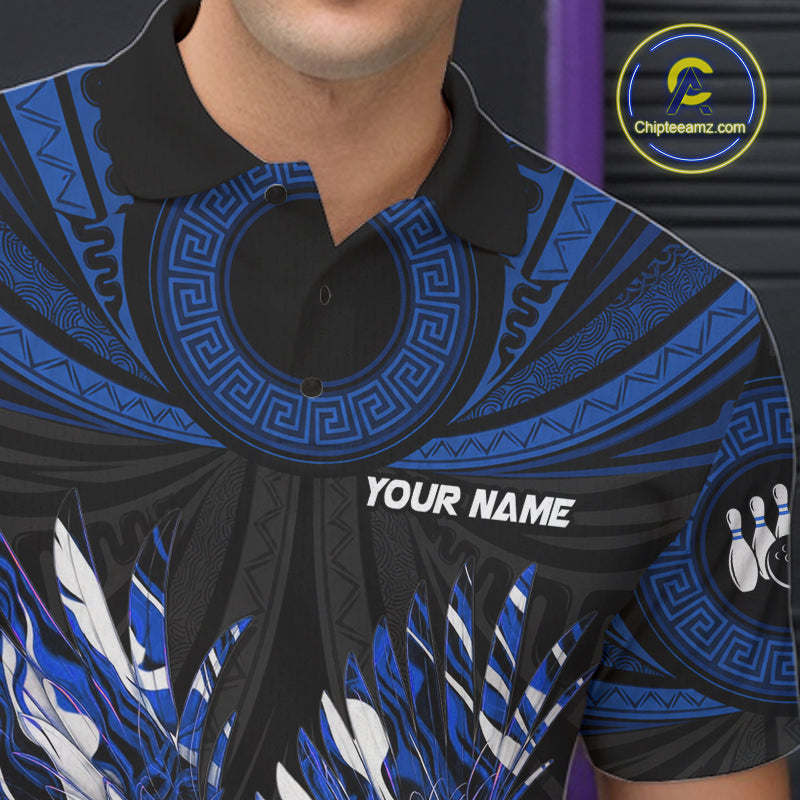 Custom Blue Tribal Pattern Polynesian Eagle Bowling Men Polo Quarter-Zip Shirts, Bowling Team Attire NYN3688