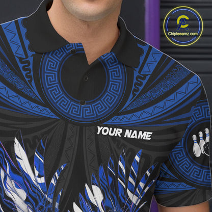 Custom Blue Tribal Pattern Polynesian Eagle Bowling Men Polo Quarter-Zip Shirts, Bowling Team Attire NYN3688