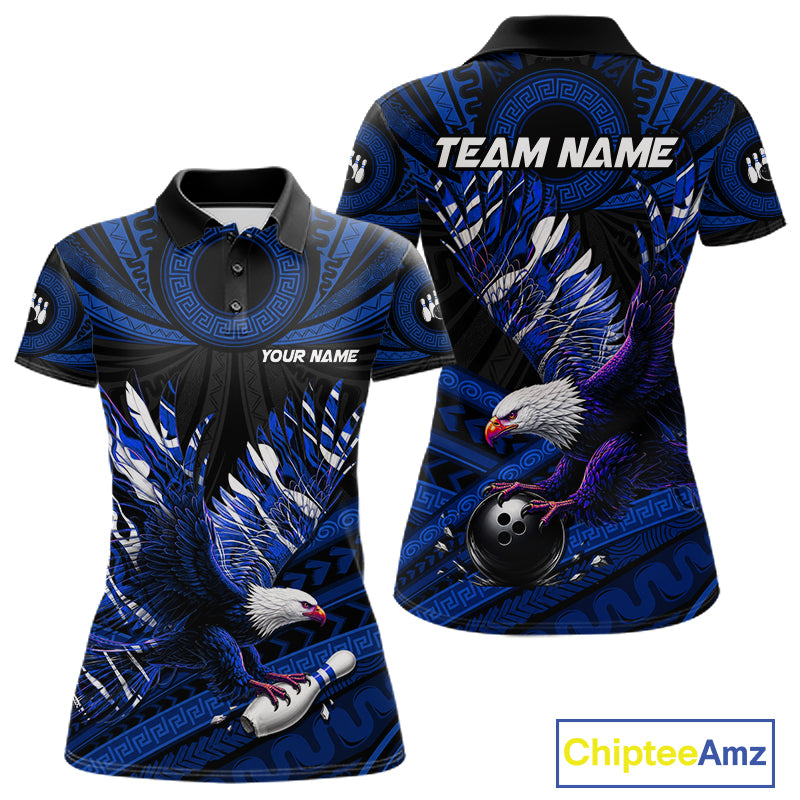 Custom Blue Tribal Pattern Polynesian Eagle Bowling Women Polo Quarter-Zip Shirts, Bowling Team Attire NYN3688