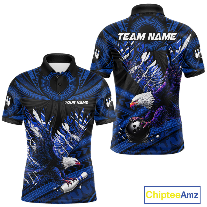 Custom Blue Tribal Pattern Polynesian Eagle Bowling Men Polo Quarter-Zip Shirts, Bowling Team Attire NYN3688