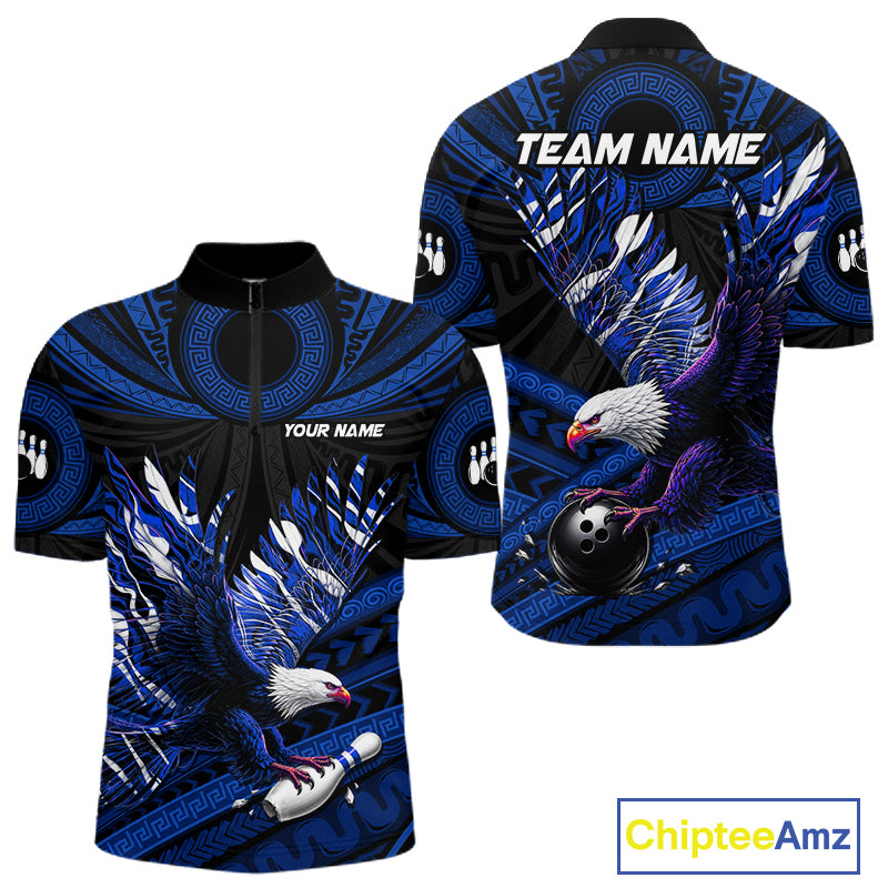 Custom Blue Tribal Pattern Polynesian Eagle Bowling Men Polo Quarter-Zip Shirts, Bowling Team Attire NYN3688