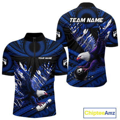 Custom Blue Tribal Pattern Polynesian Eagle Bowling Men Polo Quarter-Zip Shirts, Bowling Team Attire NYN3688