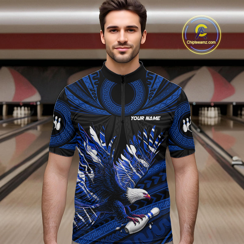 Custom Blue Tribal Pattern Polynesian Eagle Bowling Men Polo Quarter-Zip Shirts, Bowling Team Attire NYN3688