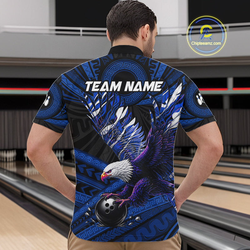 Custom Blue Tribal Pattern Polynesian Eagle Bowling Men Polo Quarter-Zip Shirts, Bowling Team Attire NYN3688
