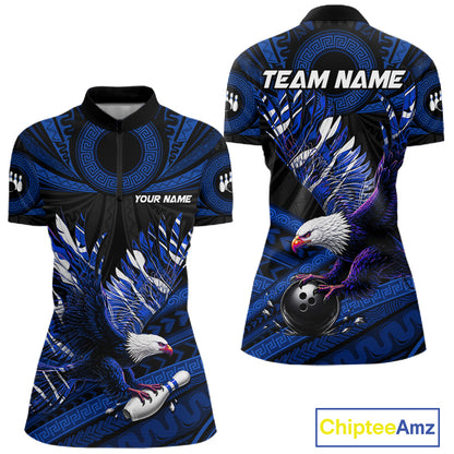 Custom Blue Tribal Pattern Polynesian Eagle Bowling Women Polo Quarter-Zip Shirts, Bowling Team Attire NYN3688