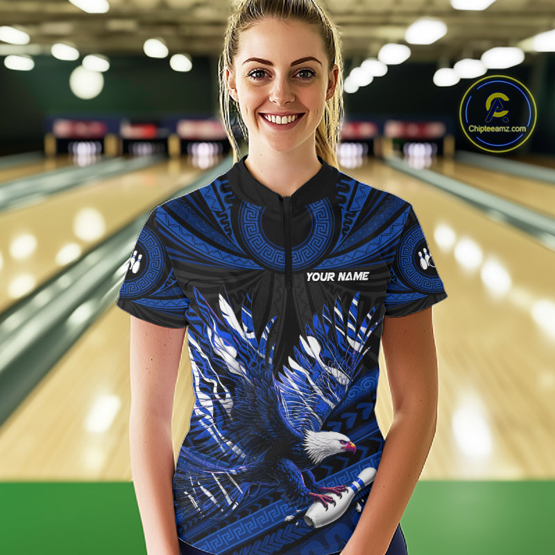 Custom Blue Tribal Pattern Polynesian Eagle Bowling Women Polo Quarter-Zip Shirts, Bowling Team Attire NYN3688