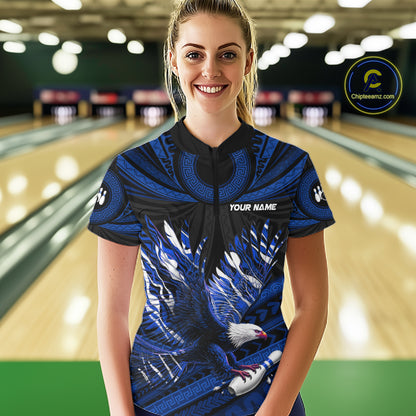 Custom Blue Tribal Pattern Polynesian Eagle Bowling Women Polo Quarter-Zip Shirts, Bowling Team Attire NYN3688