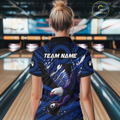 Custom Blue Tribal Pattern Polynesian Eagle Bowling Women Polo Quarter-Zip Shirts, Bowling Team Attire NYN3688